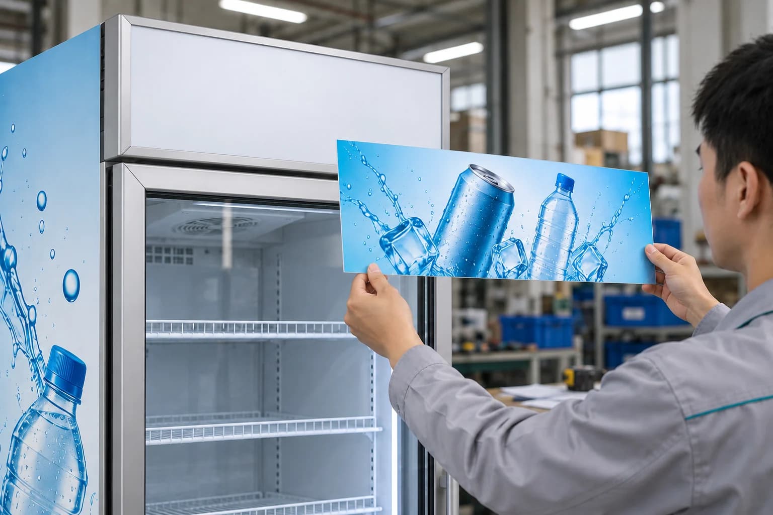 Technician holding a printed graphic face in front of a blank cooler header