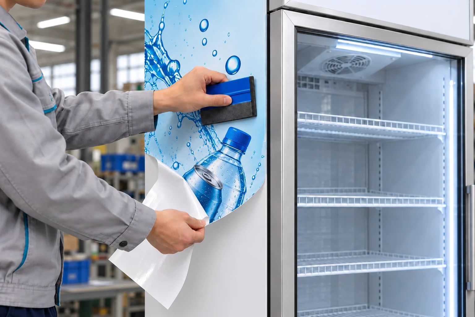 Technician smoothing a blue beverage graphic onto a cooler side panel