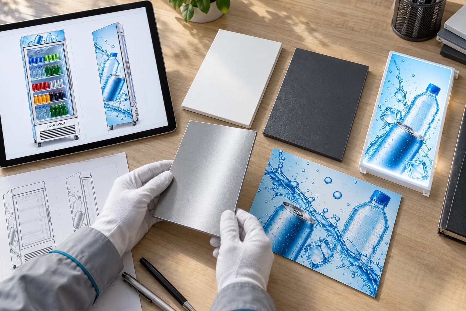 Gloved hands comparing material swatches beside a cooler artwork layout