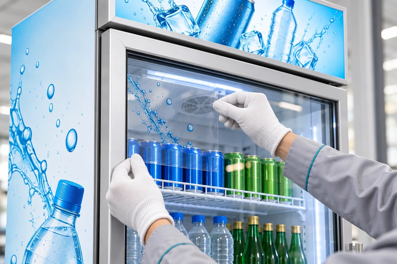 Technician positioning a transparent graphic on the glass of a display cooler door