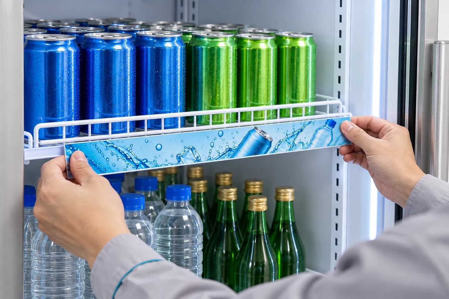 Hands aligning a printed shelf-front strip below rows of canned drinks