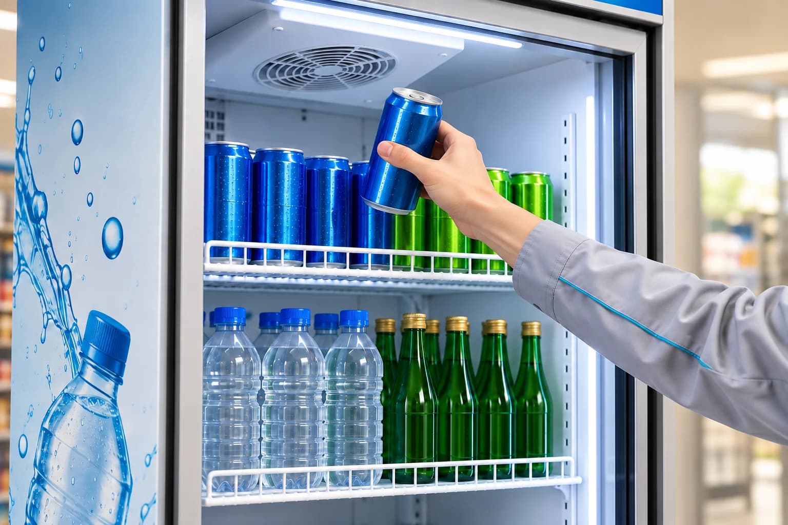 Hand retrieving a can from a cooler shelf above rows of bottled water