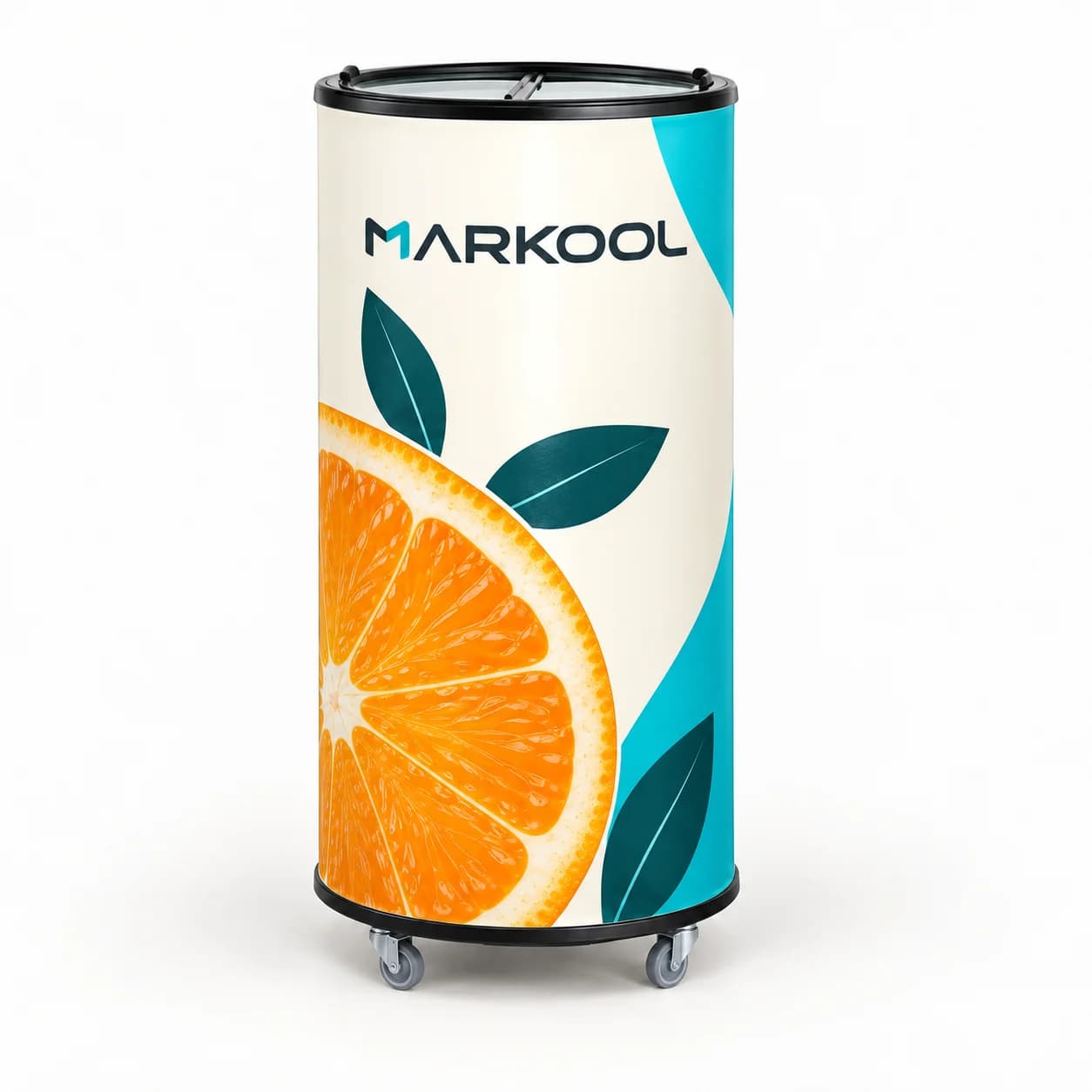 Tall can-shaped cooler concept with an ivory, orange and cyan MARKOOL body wrap, closed split glass lid and small castors