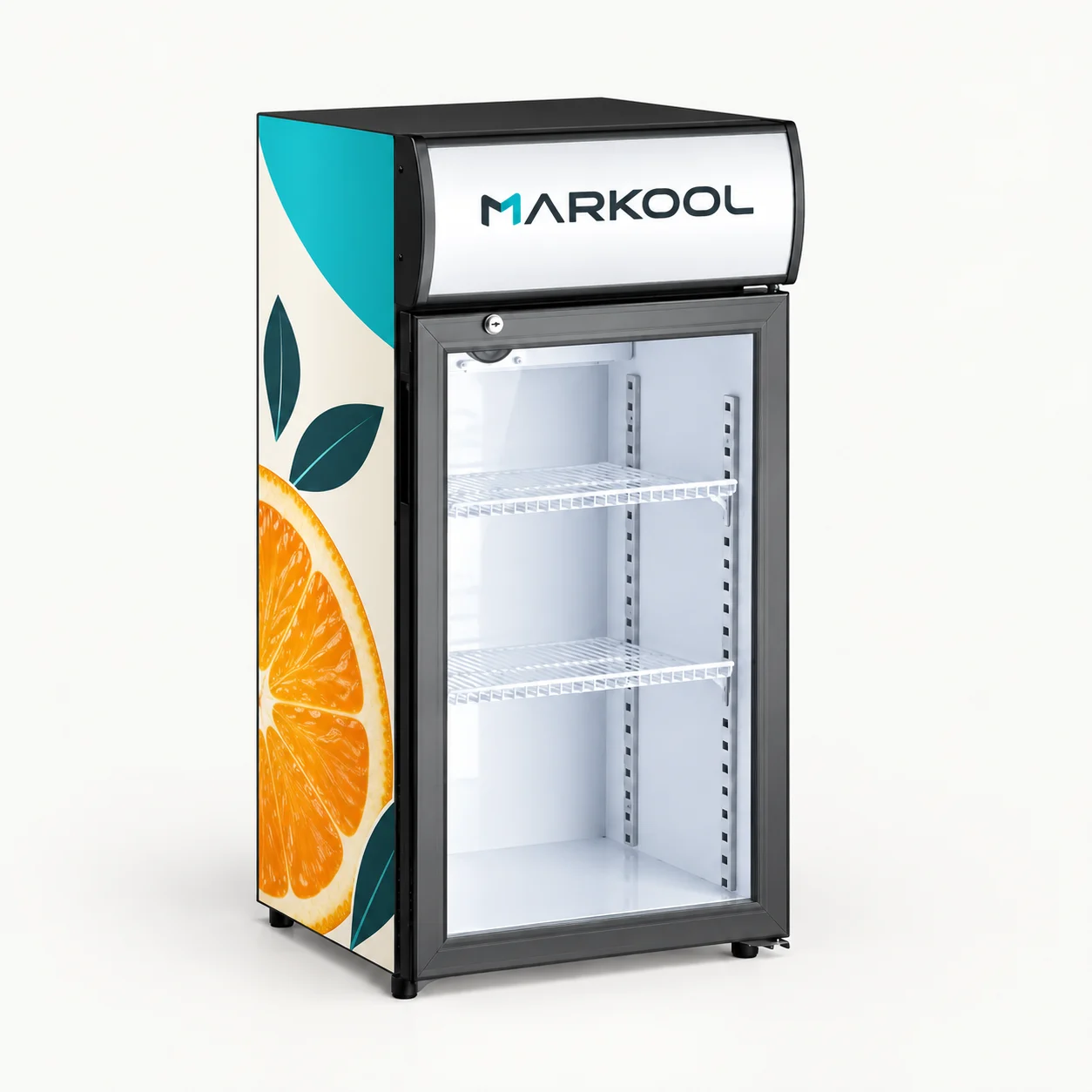 Countertop cooler design concept with a MARKOOL header, ivory and cyan side artwork, an orange slice and two white wire shelves