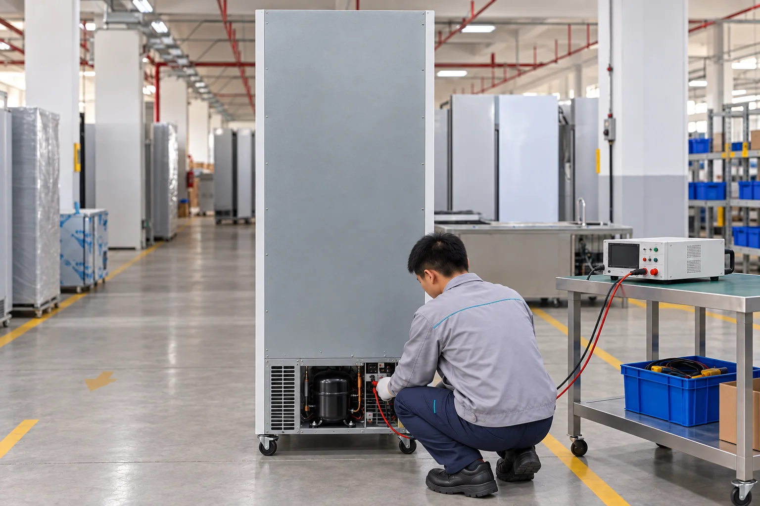 Technician working at the lower rear service area of an upright display cooler