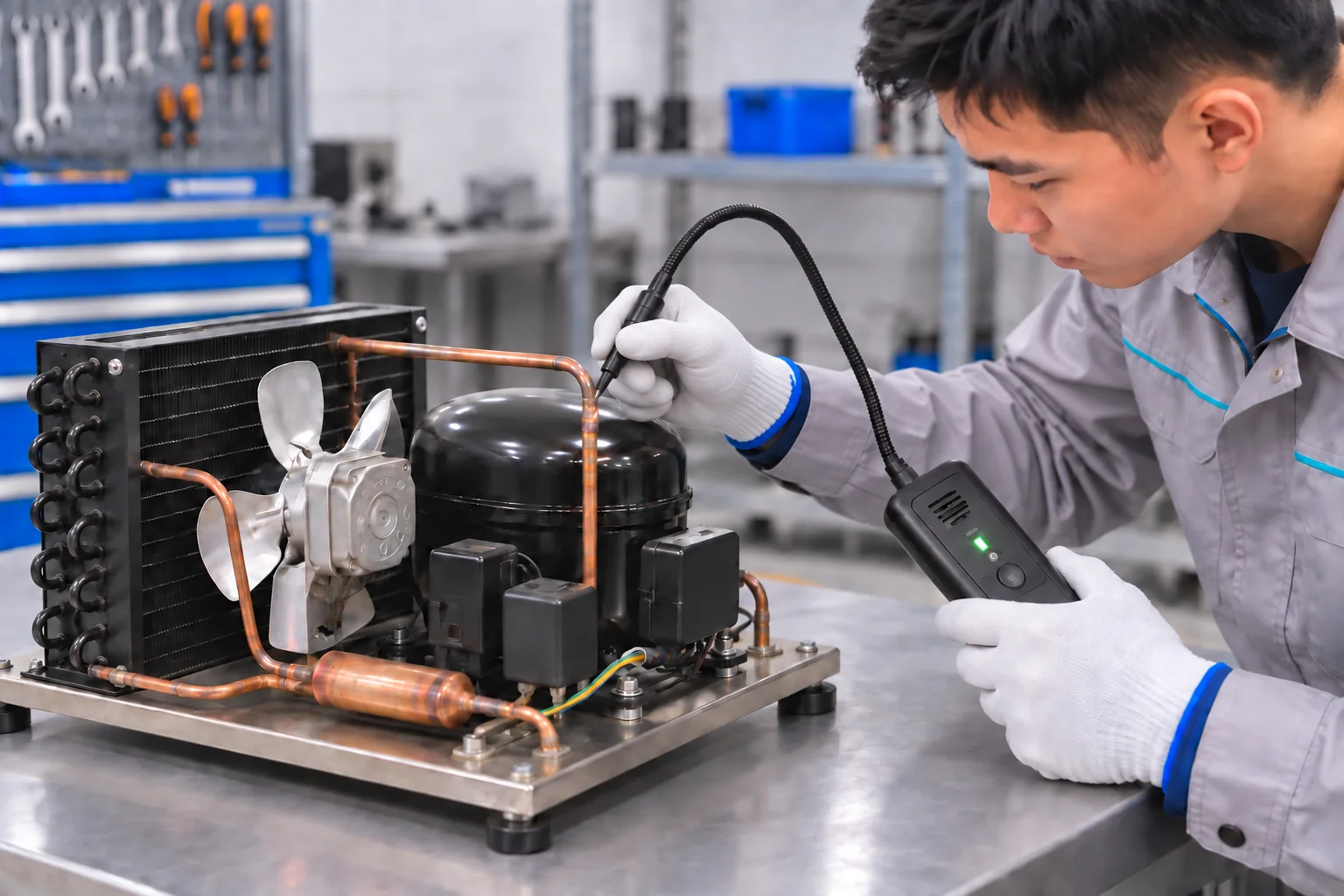 Technician holding a single leak-detector probe at a copper refrigeration joint