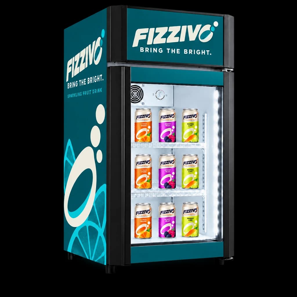 MARKOOL 004 countertop cooler with FIZZIVO demonstration branding on the lightbox and solid side panel