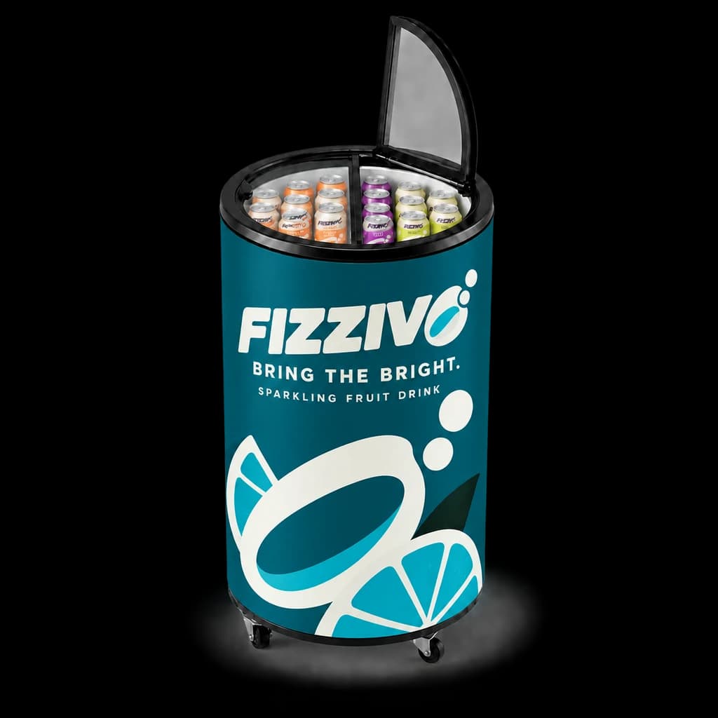 MARKOOL 006 can-shaped flip-top cooler with FIZZIVO demonstration graphics around its solid body