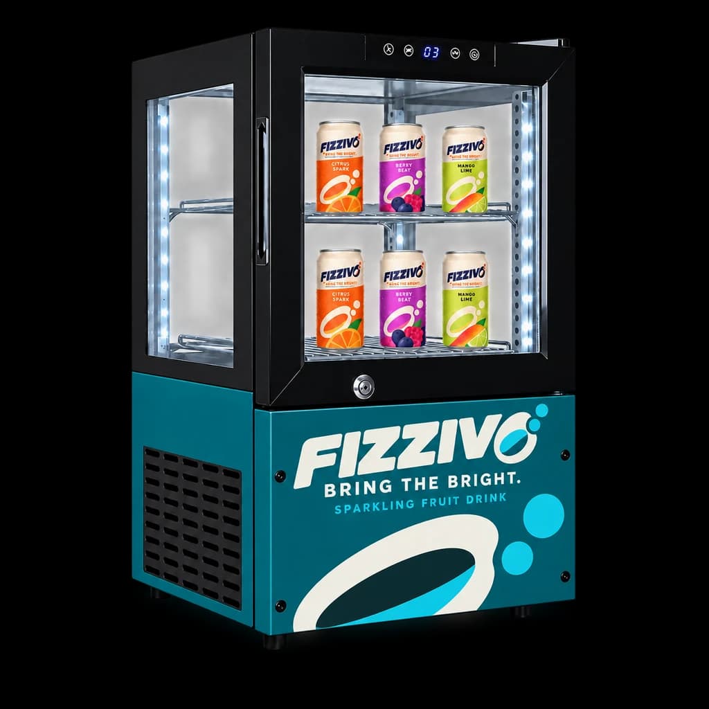 MARKOOL 009 four-sided glass countertop cooler with FIZZIVO demonstration branding on solid trim and base areas