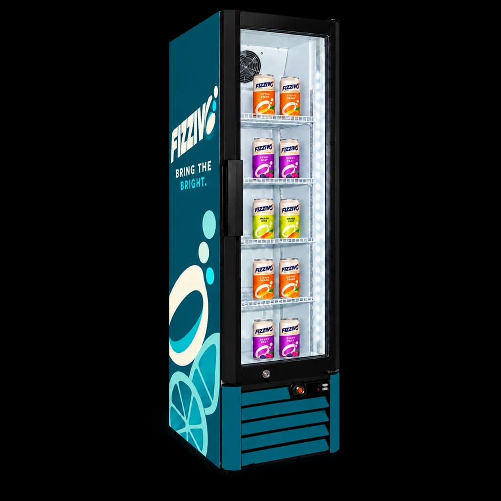 MARKOOL 012 slim mid-height cooler with FIZZIVO demonstration branding on solid side and lower panels