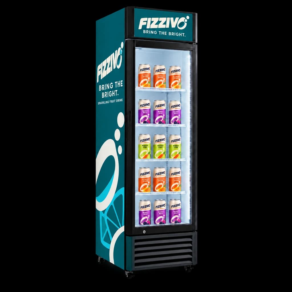 MARKOOL 020 full-height single-door cooler with FIZZIVO demonstration branding on the lightbox and side panel