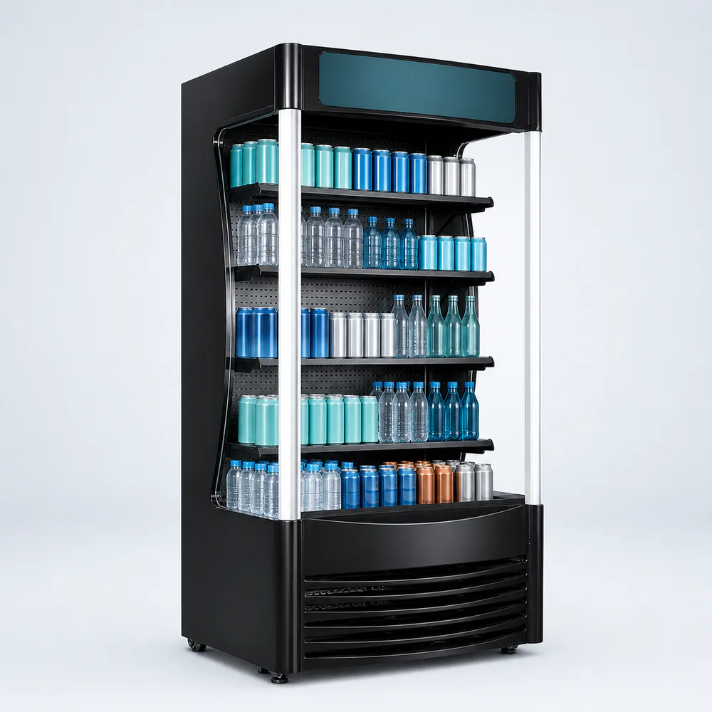 Open-air commercial beverage merchandiser stocked with generic cans and bottles