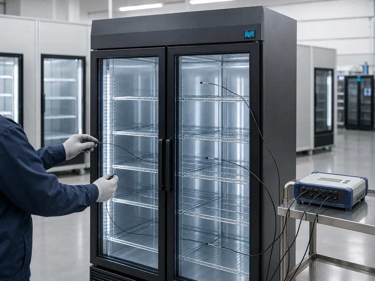 Commercial refrigeration technician positioning temperature probes for a controlled cabinet check
