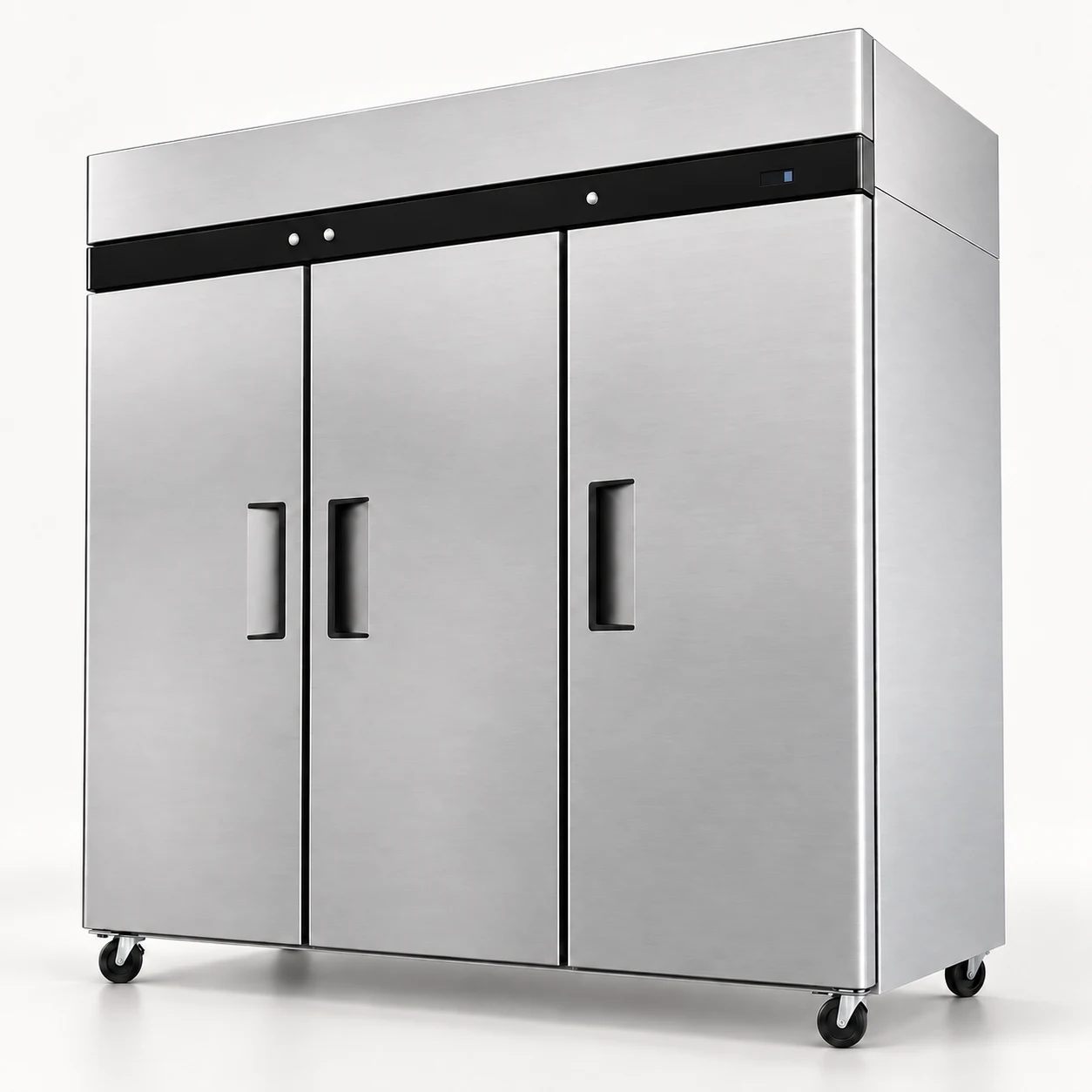 Three-door solid stainless steel commercial reach-in refrigerator configuration reference with upper-right control area