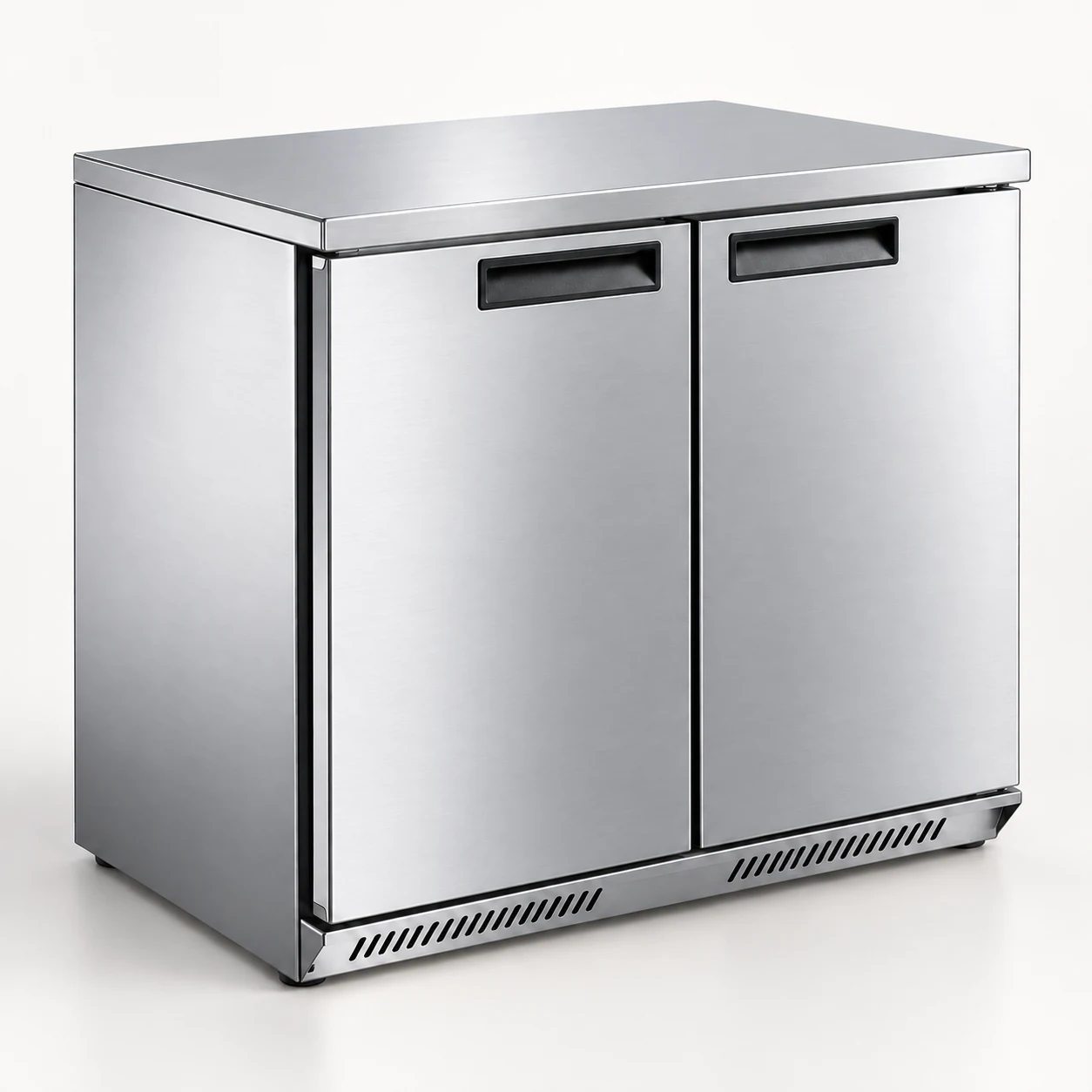 Two-door stainless steel refrigerated workbench reference with flat preparation top and lower front ventilation grille