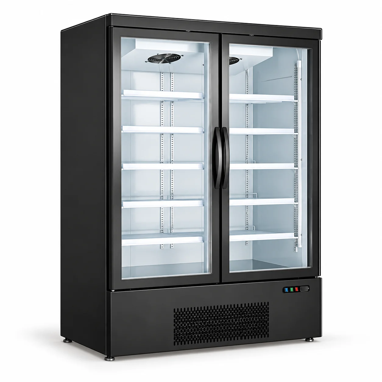 Two-door glass commercial upright display freezer configuration reference with lower front control area