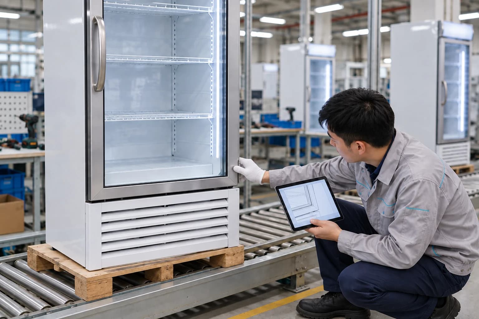 Technician checking the closed door frame of a display cooler against a drawing on a tablet