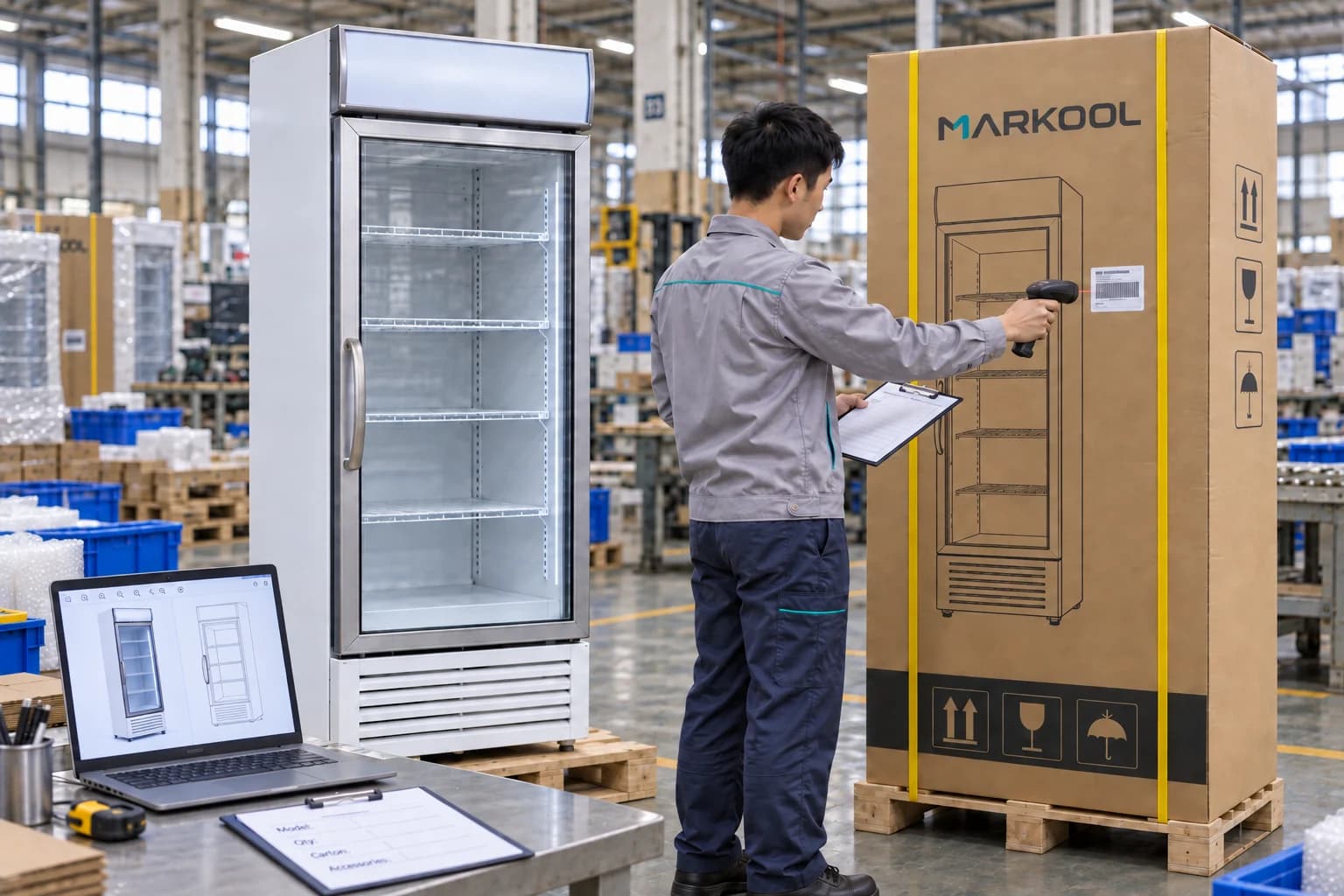 Technician checking a display cooler carton beside the cabinet, a laptop drawing and shipment paperwork