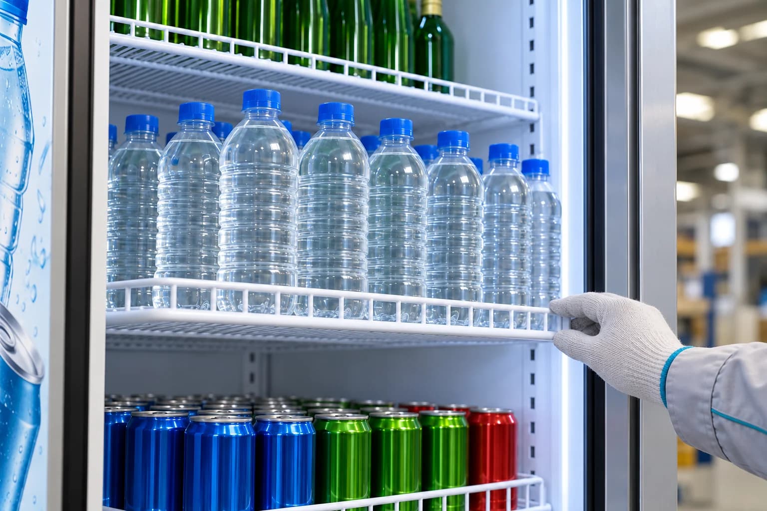 Gloved technician checking a wire shelf front edge with bottled drinks loaded above it