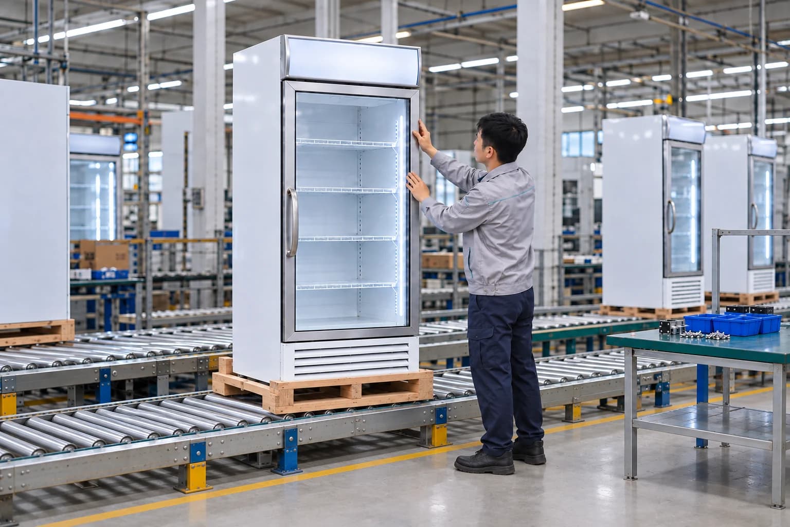 Technician inspecting the closed glass door and frame of an upright cooler