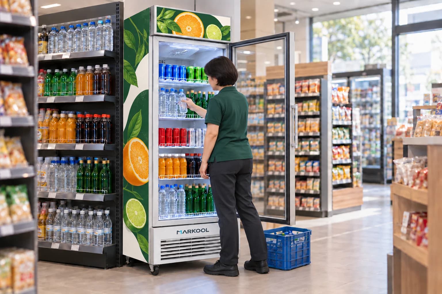 Convenience-store employee selecting a drink from a citrus-branded upright cooler
