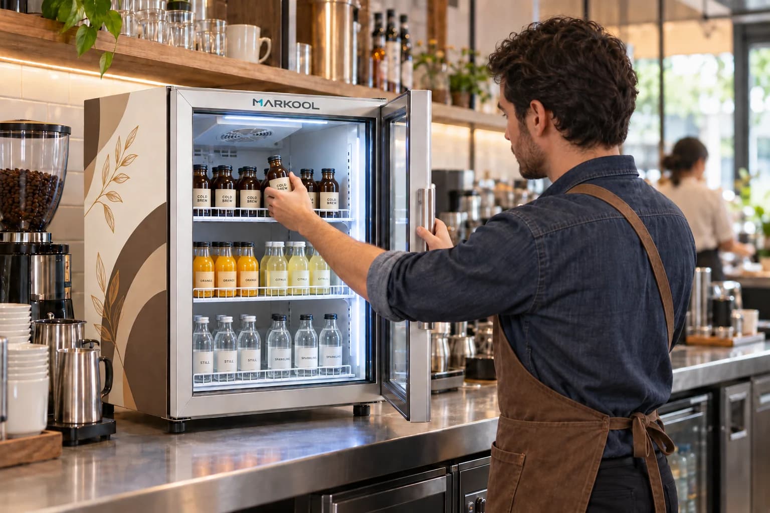 Café server taking a cold-brew bottle from a countertop cooler while holding the door handle