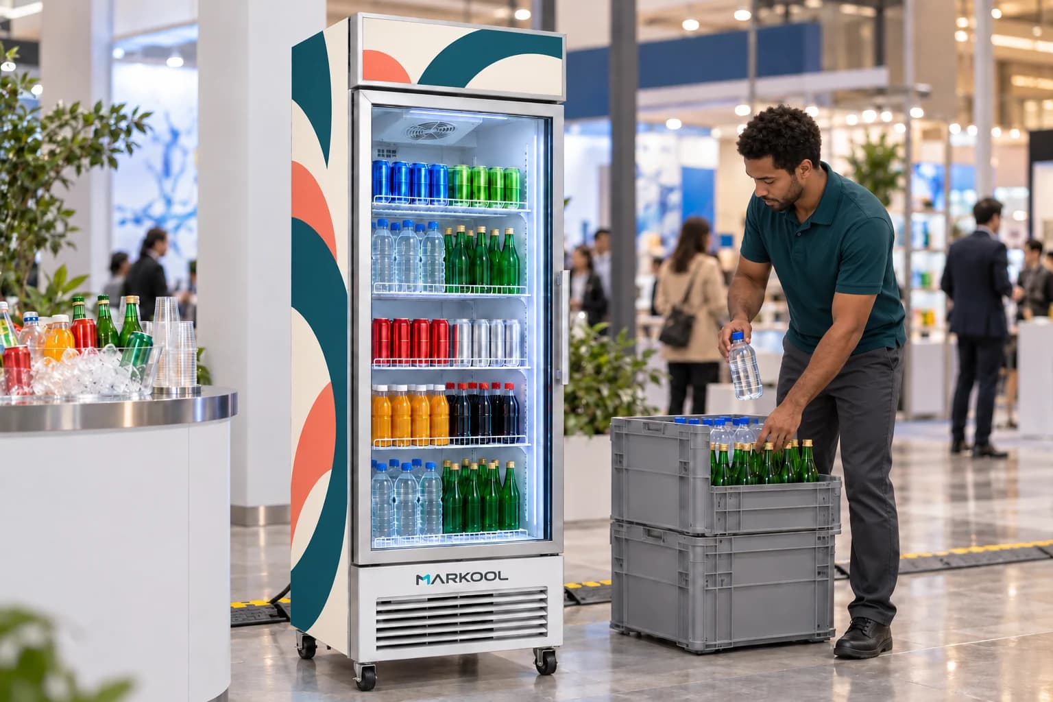 Event attendant replenishing drinks beside an upright MARKOOL cooler with geometric campaign graphics
