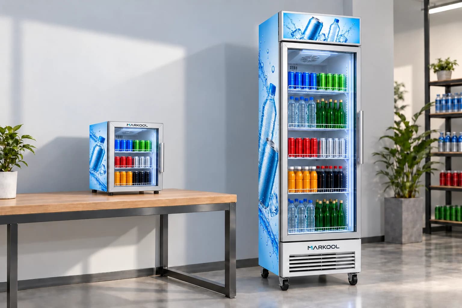 Countertop and upright beverage cooler formats shown together for a placement comparison