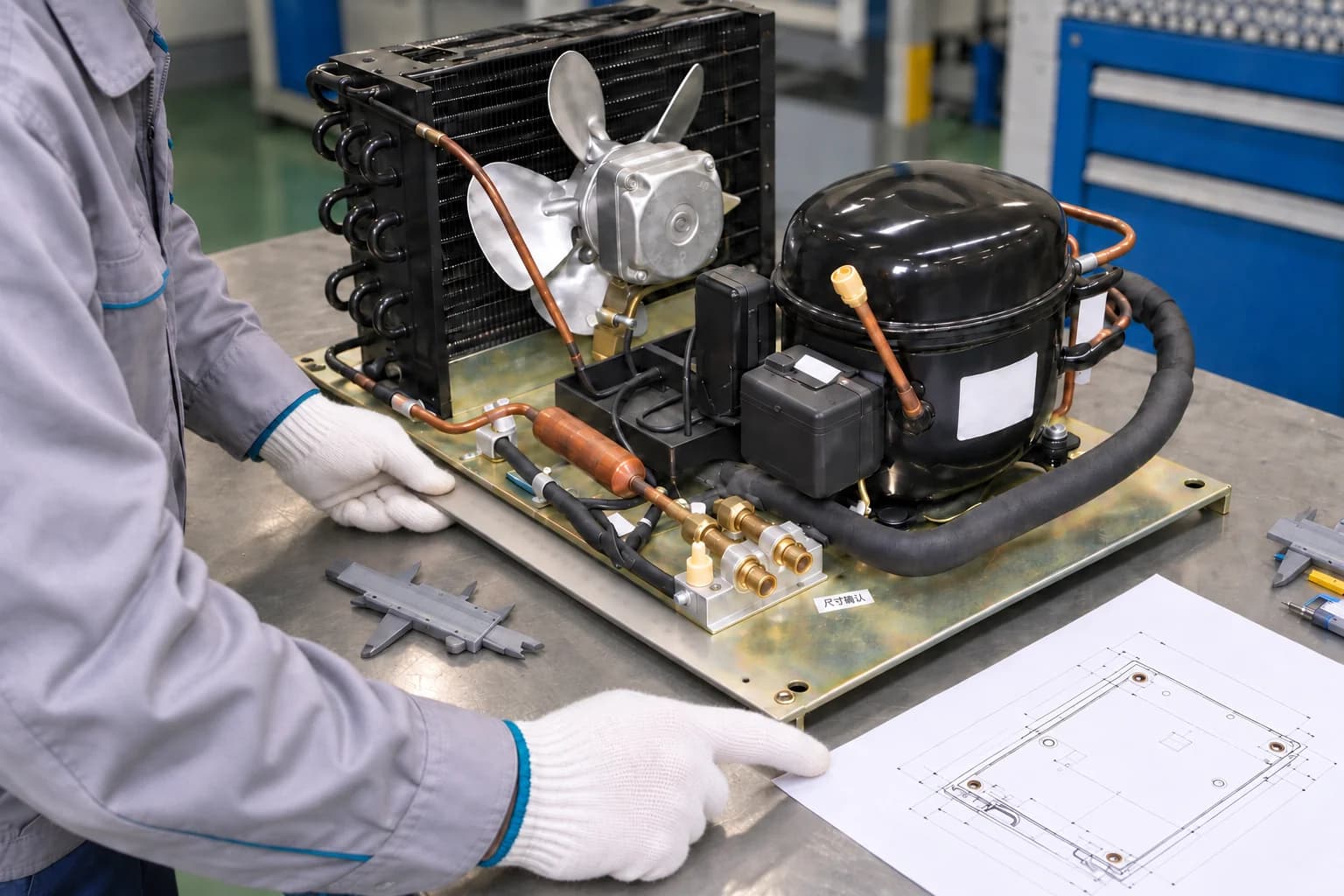 Technician comparing a refrigeration assembly baseplate with an installation outline drawing