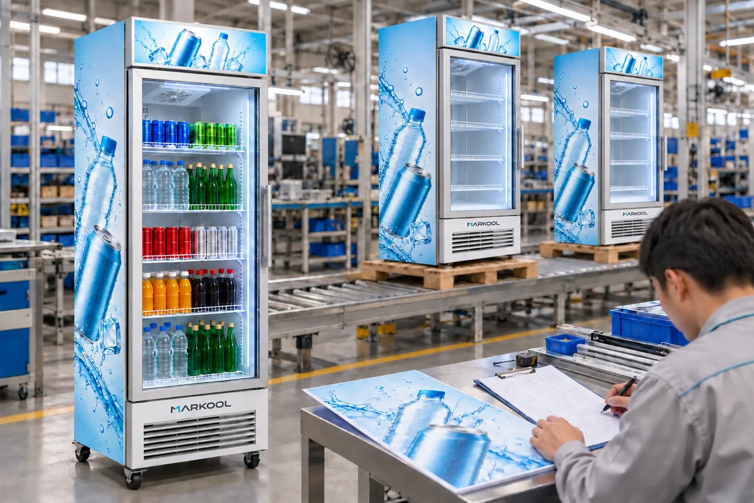 Sample display cooler beside an artwork review station and cabinets prepared for production