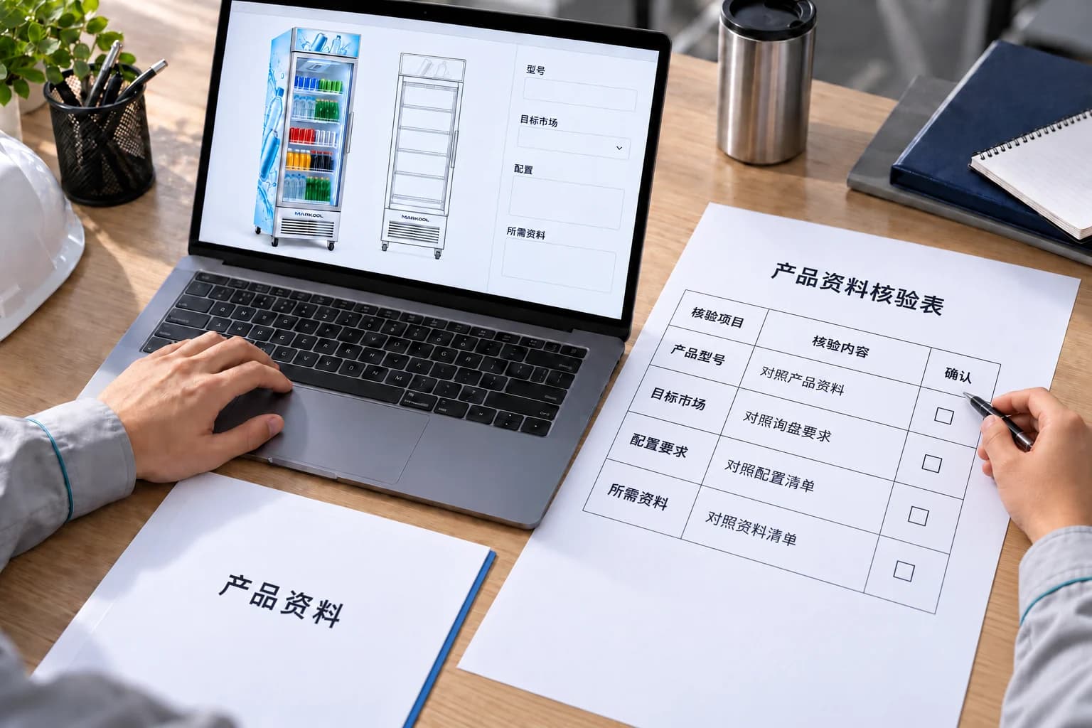Product document checklist beside a laptop showing the cabinet and its outline drawing
