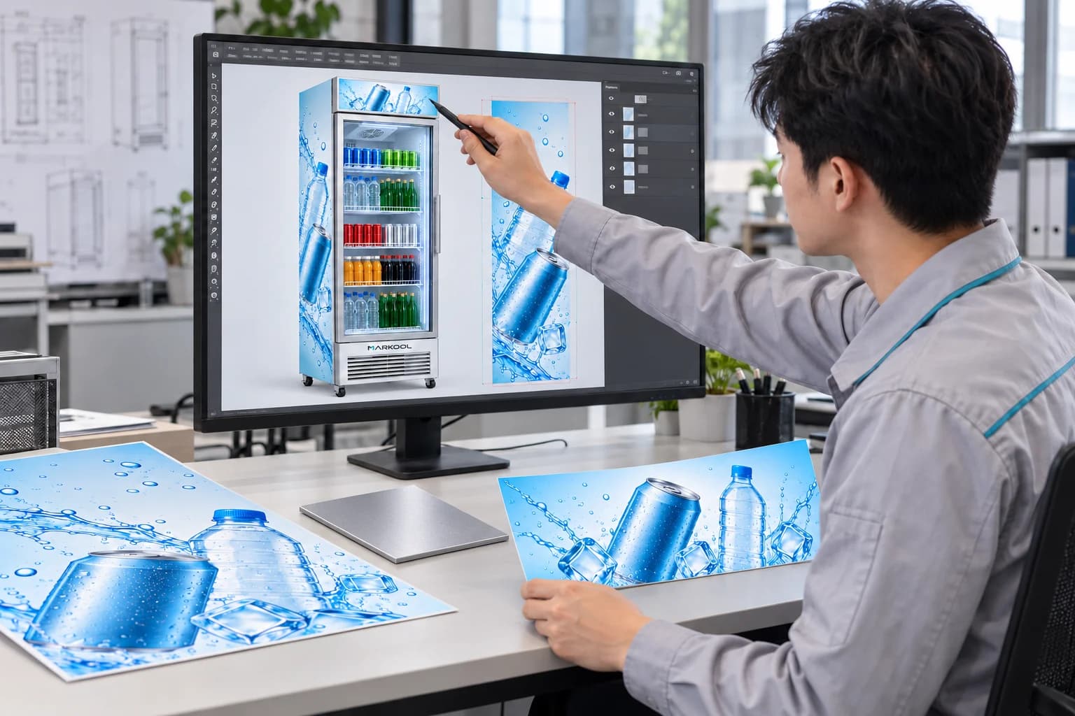 Designer comparing cooler artwork on a monitor with printed branding components