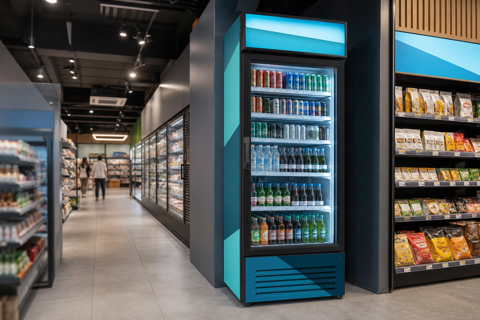 Upright beverage display cooler installed at the end of a convenience retail aisle