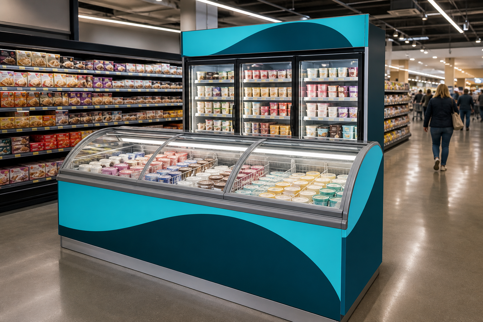 Curved-glass chest freezer and upright frozen merchandiser in a supermarket