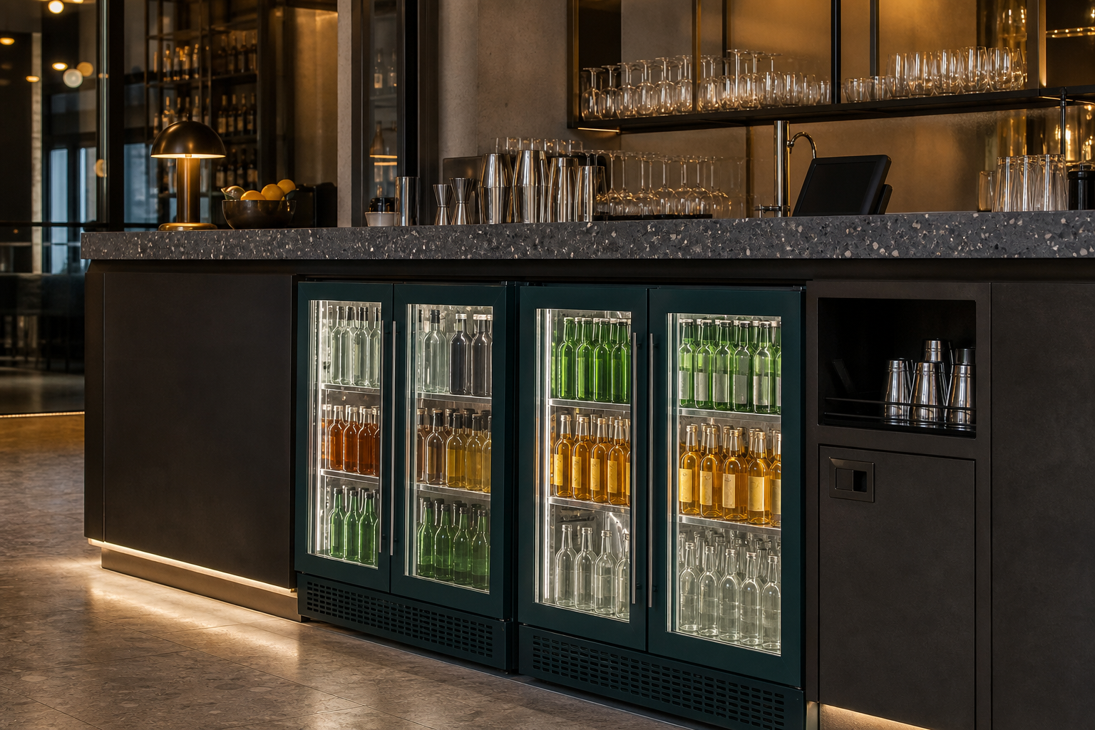 Glass-door back-bar beverage coolers installed beneath an upscale hospitality bar