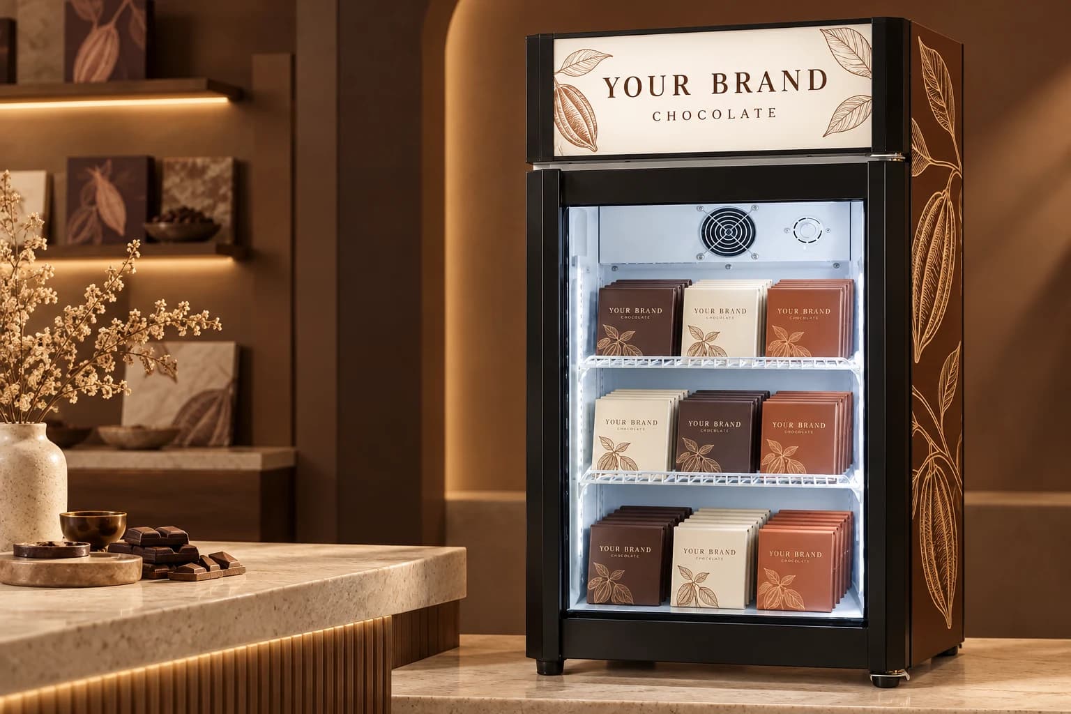 Chocolate branding concept based on the MARKOOL lightbox countertop cabinet, with cocoa, ivory and terracotta wrapped products