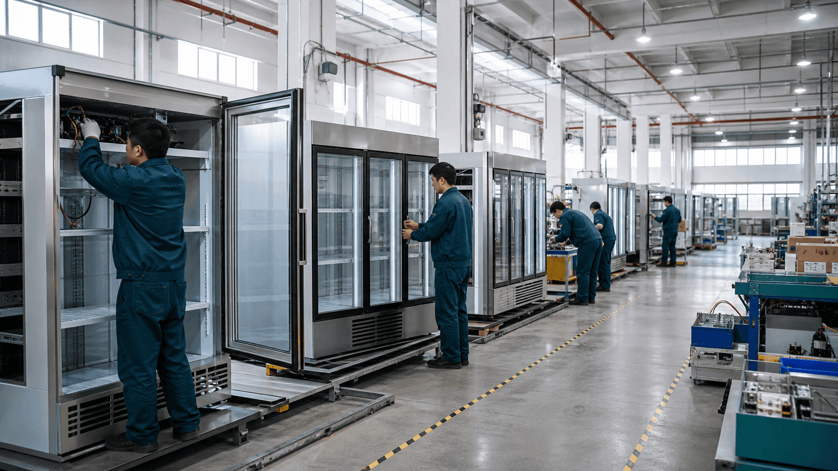 Commercial glass-door refrigerator cabinet assembly and inspection