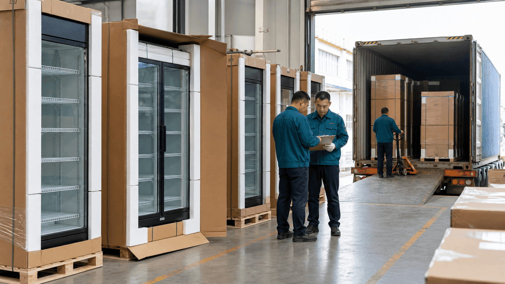 Commercial display refrigerators protected and prepared for export packing