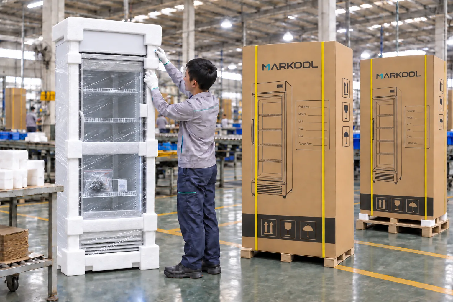 01 / Protective packing: illustrative commercial refrigerator handling scene