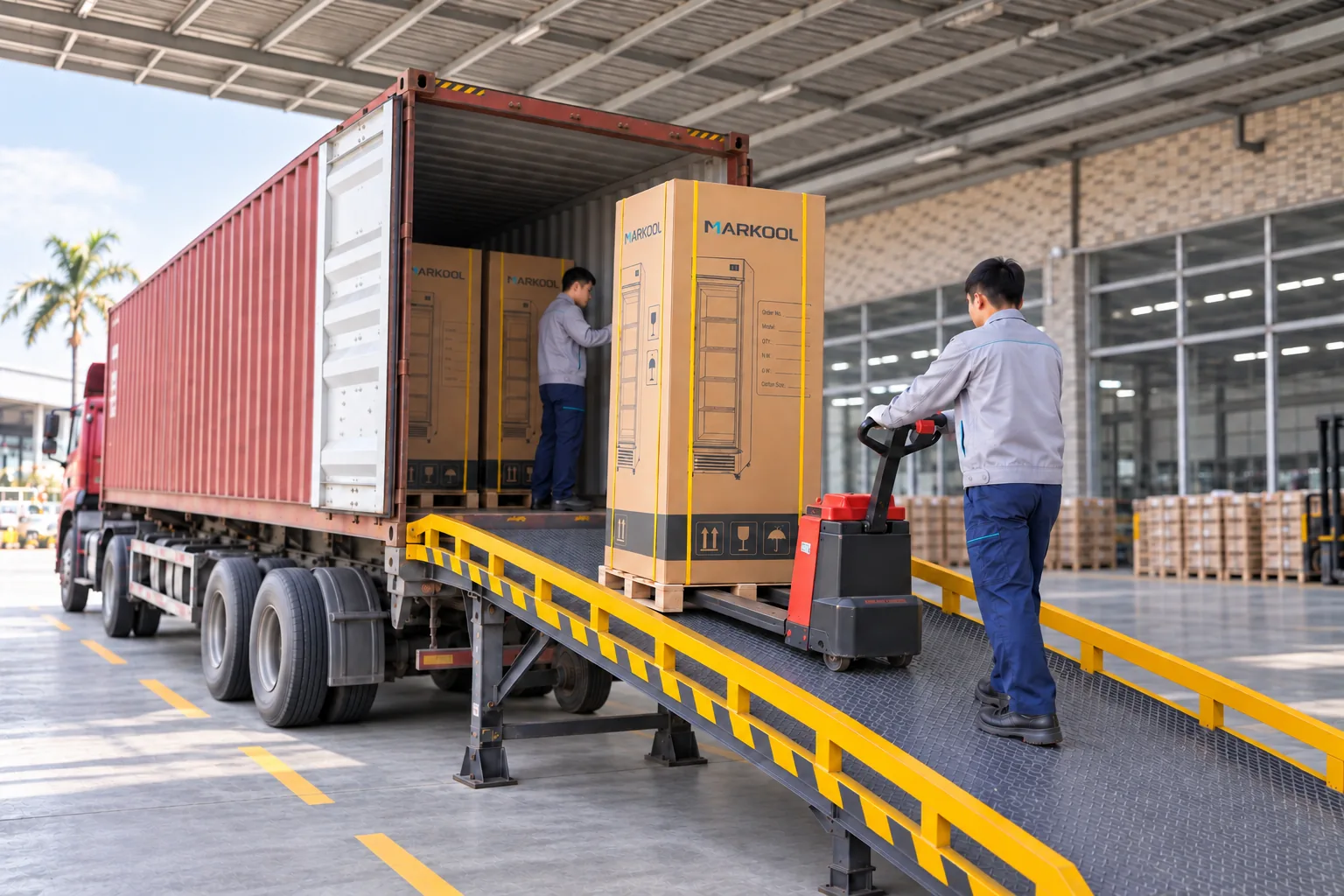 03 / Loading access: illustrative commercial refrigerator handling scene