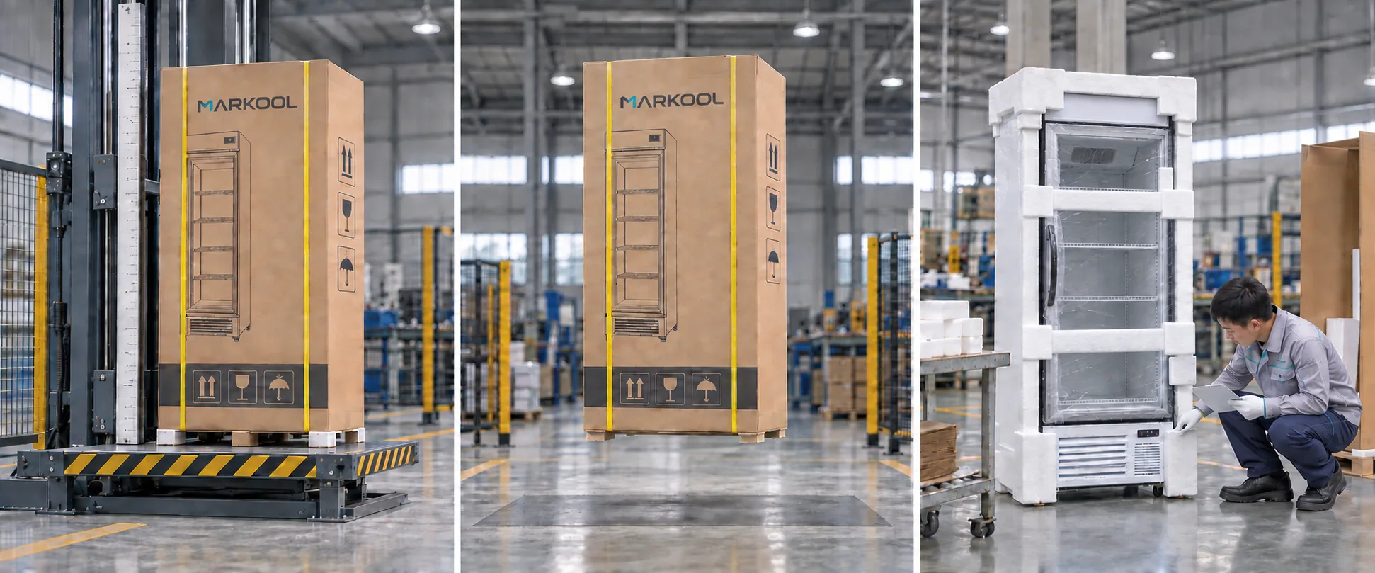 02 / Package validation: illustrative commercial refrigerator handling scene
