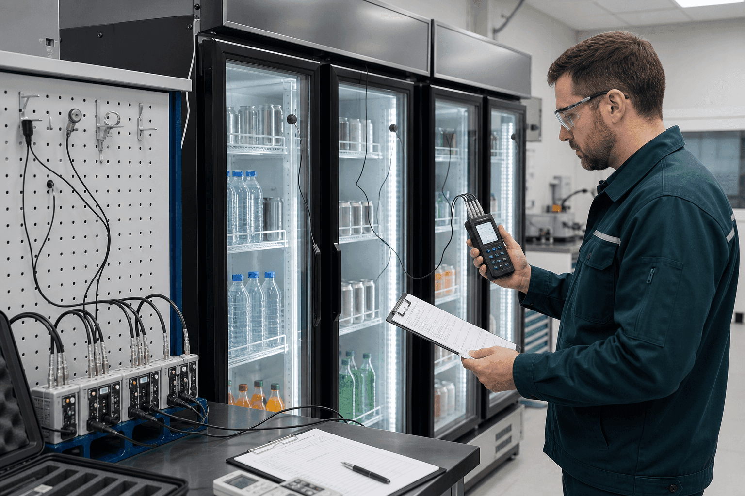 Technician checking temperature data from glass-door beverage coolers