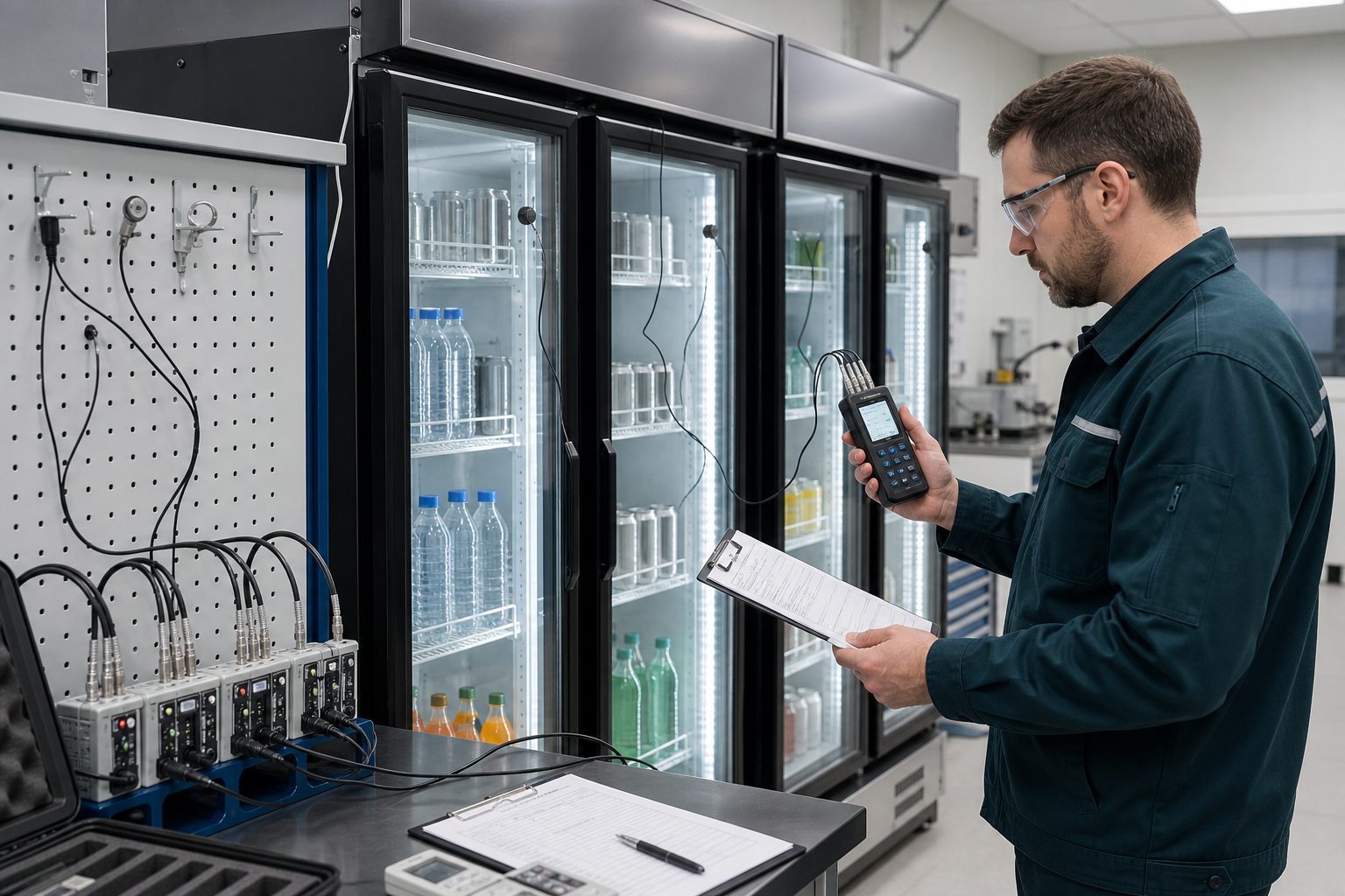 Commercial refrigerator temperature verification with data logging equipment