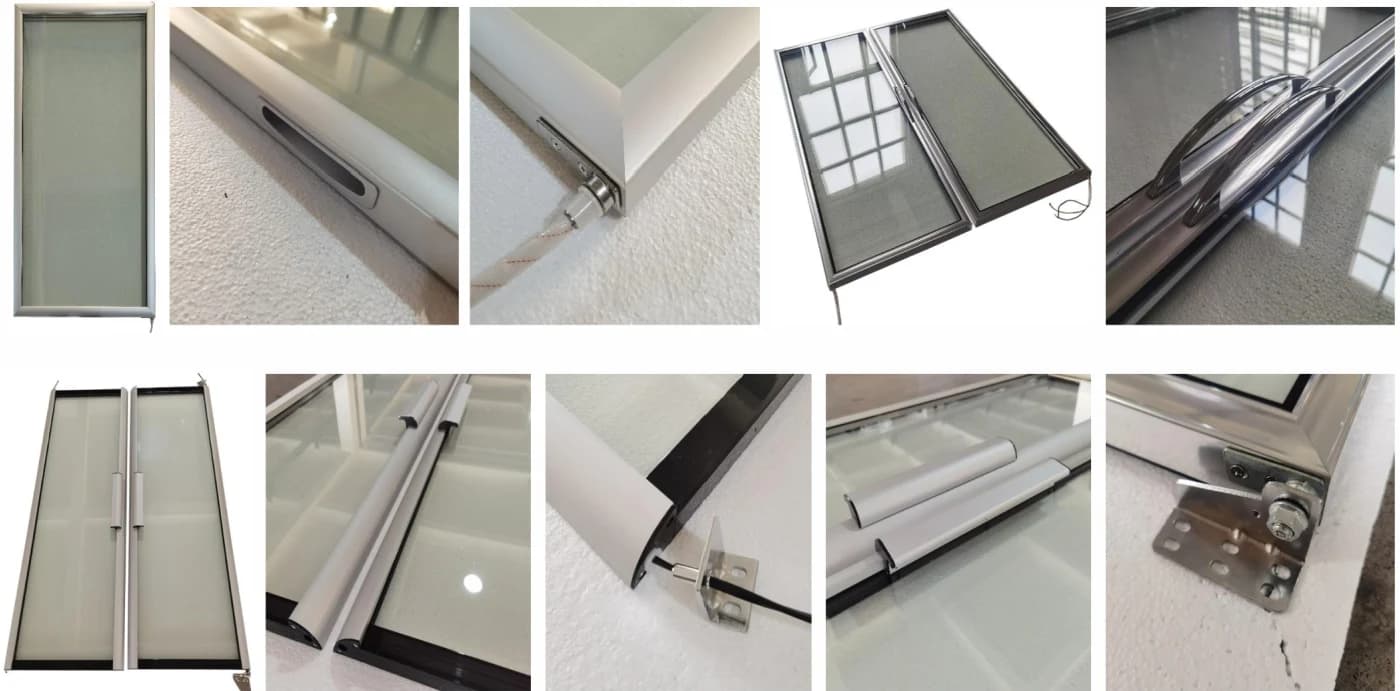 Authorized supplier catalogue photographs of aluminum glass doors, handles, hinges and cable exits