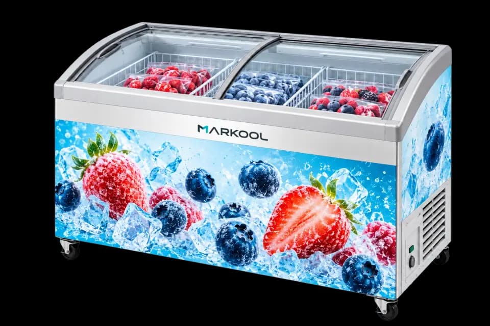 Concept illustration of a glass-top commercial display freezer with an optional branded wrap
