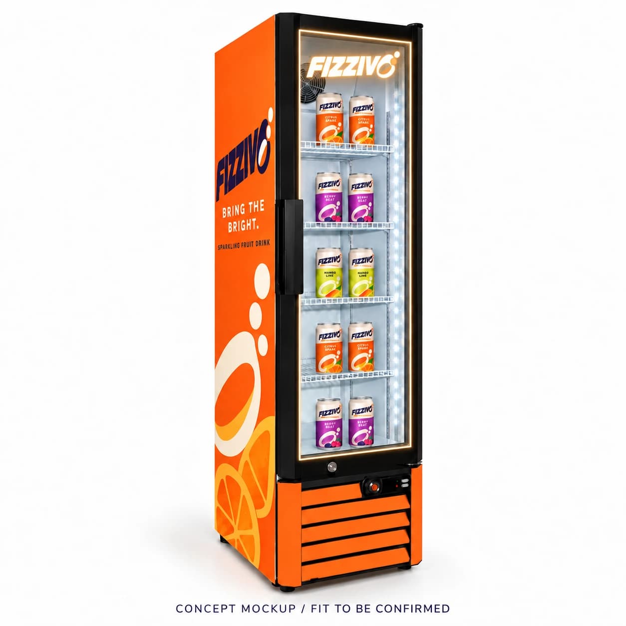 FIZZIVO slim cooler concept with an illuminated logo in the upper glass; fit to be confirmed