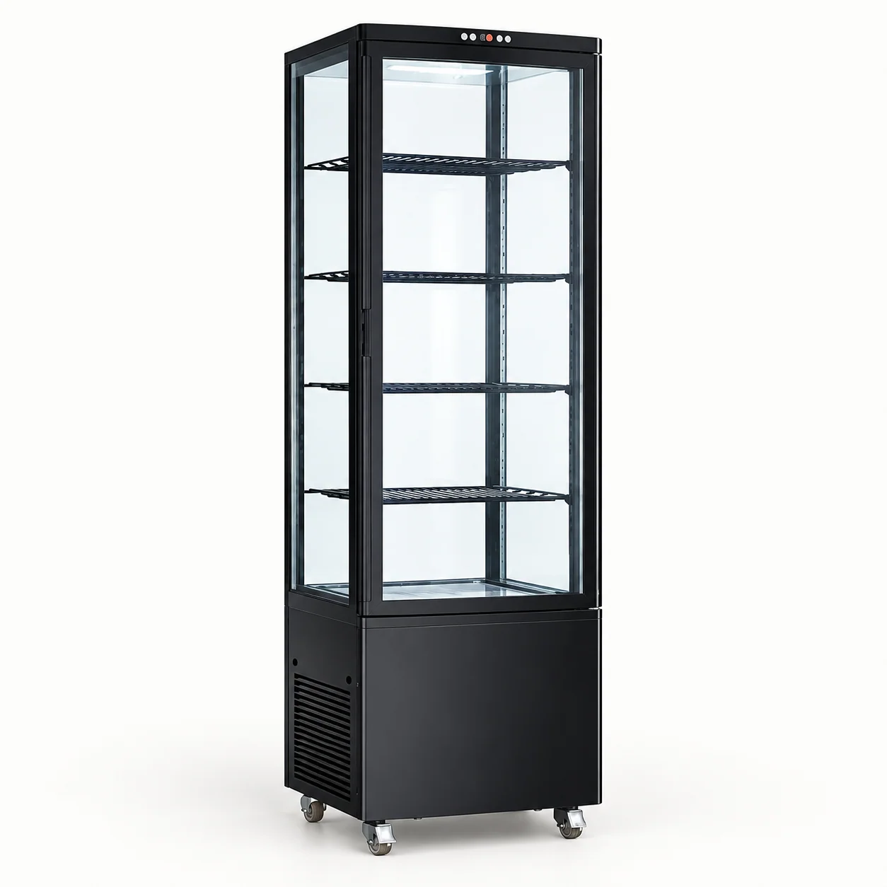 Four-Sided Glass Upright Coolers — redrawn family reference