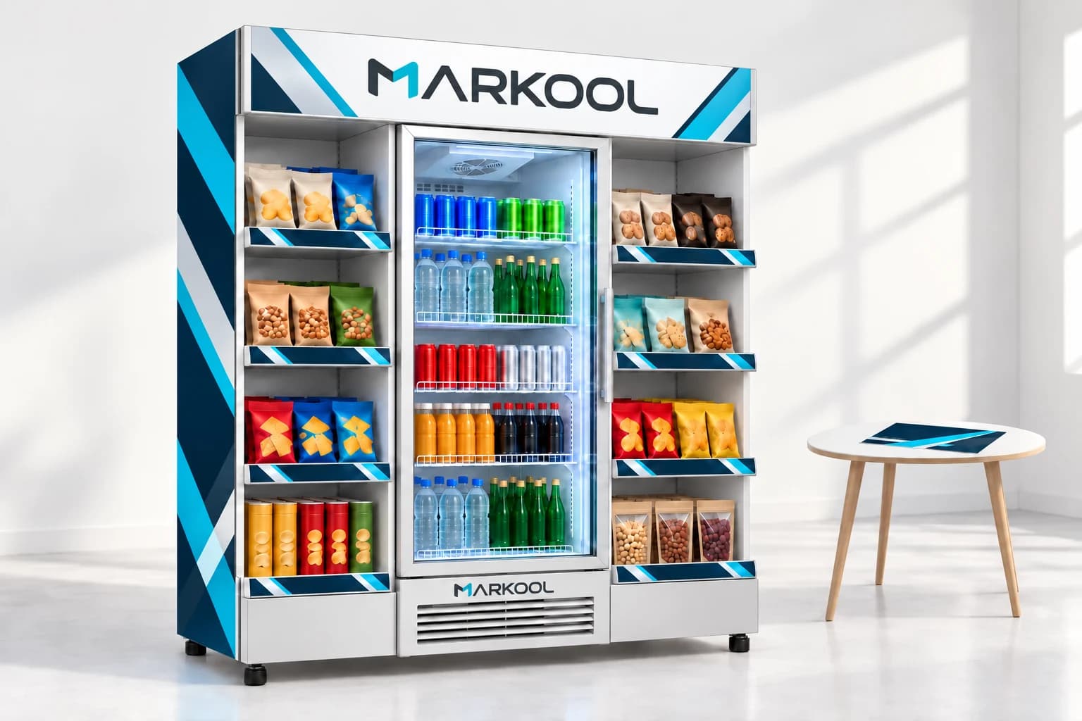 MARKOOL design concept combining a glass-door drinks cooler with coordinated side shelves and campaign graphics