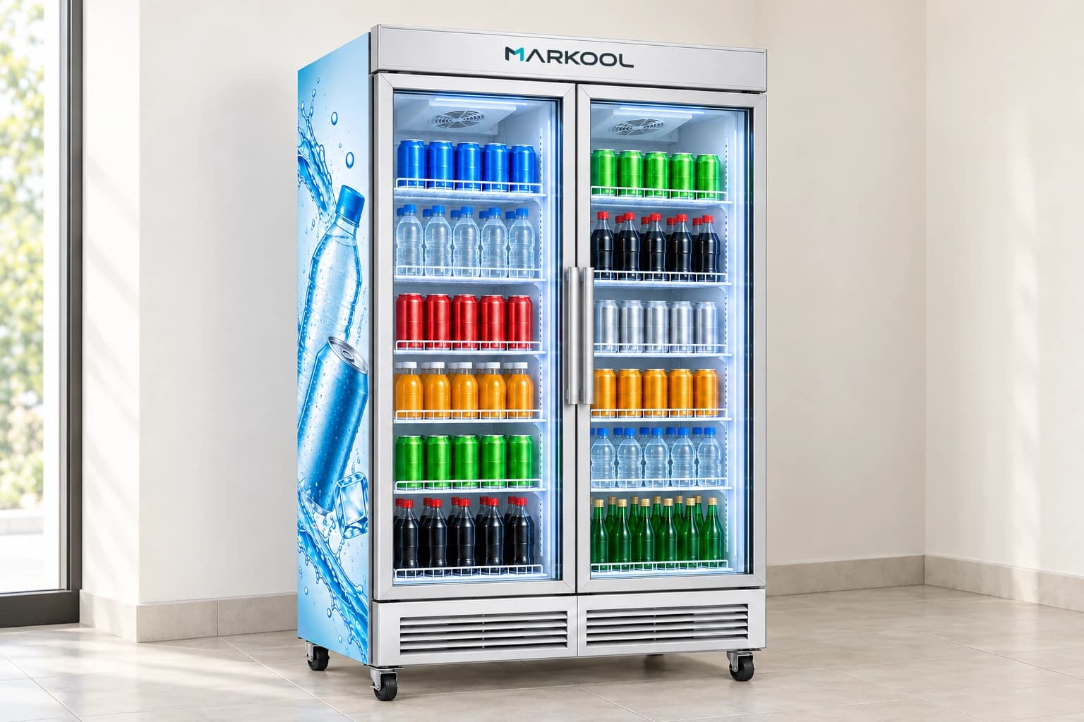 Concept illustration of a branded double-door commercial beverage refrigerator
