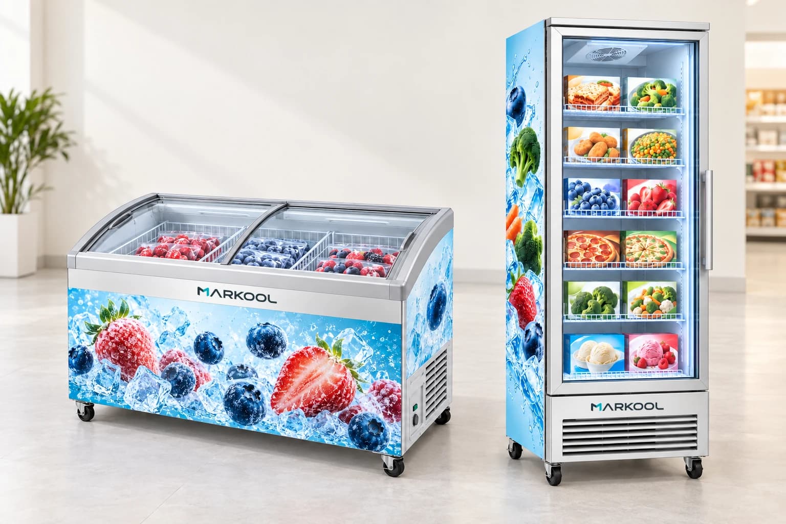 Concept illustration of a glass-top freezer and upright glass-door display freezer
